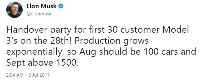 Твит Илон Маска о планах производства Model 3